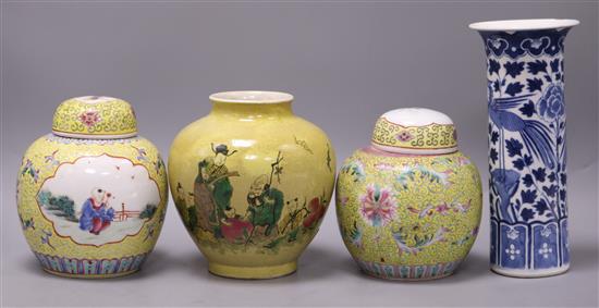 A Chinese enamelled biscuit vase, a blue and white sleeve vase and a pair of jars and covers sleeve vase 22cm